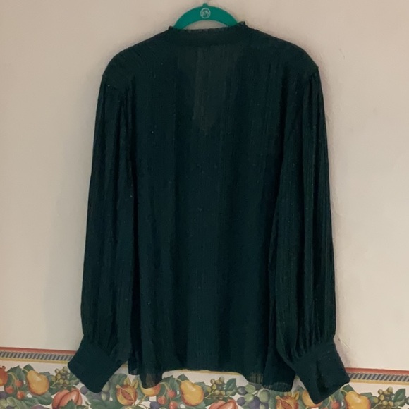 Chico's V Neck Pleated Long Sleeve w/Metallic Accents Blouse, 18, Green, Sheer - Picture 2 of 7